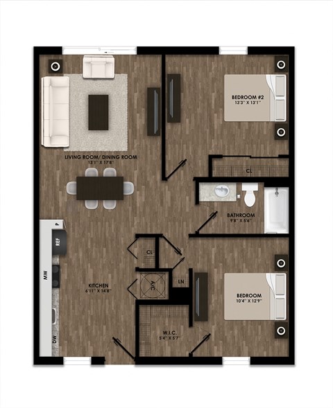 Floor plan for 2 beds, 1 bath, 929 sqft